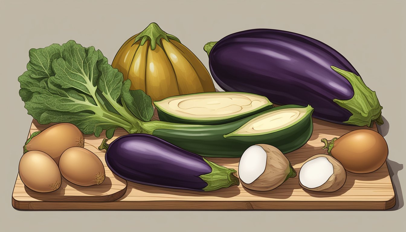 A variety of eggplants, along with other foods high in lectins, arranged on a wooden cutting board