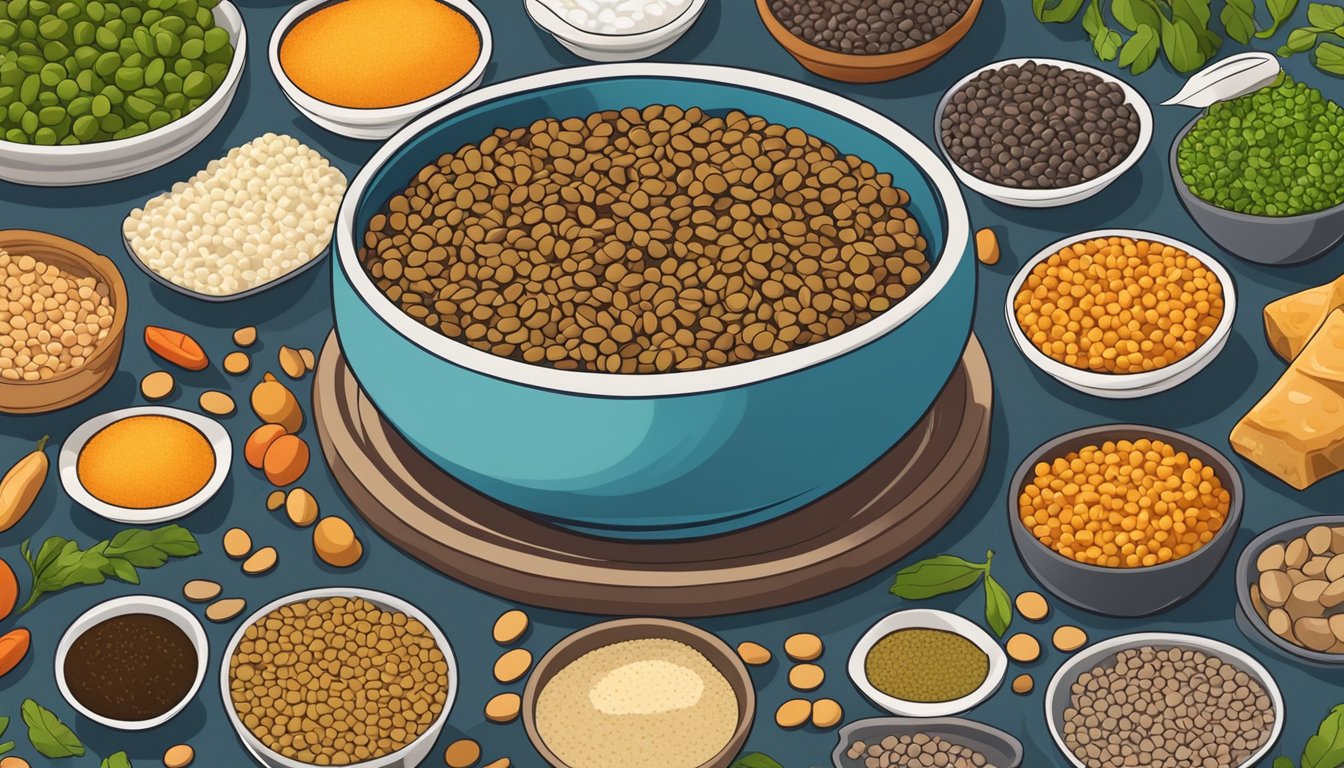 A bowl of cooked lentils surrounded by various high protein foods