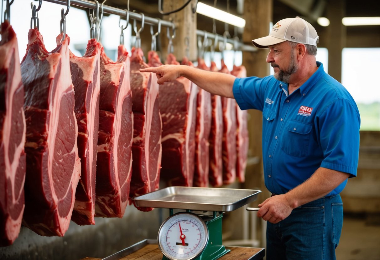 A local farmer stands next to a scale, surrounded by hanging cuts of beef. A customer points to a side of beef, indicating their desire to purchase half