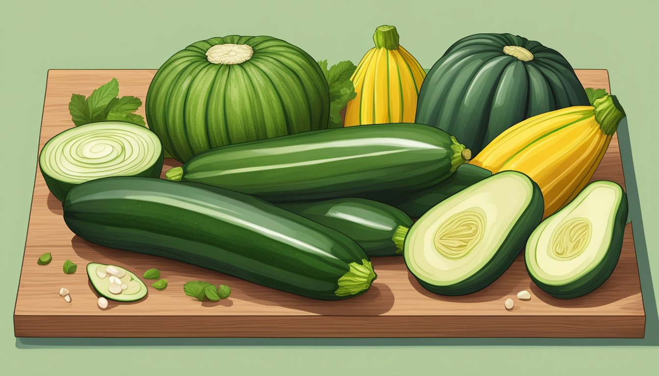 A variety of zucchini, along with other high-lectin foods, arranged on a wooden cutting board