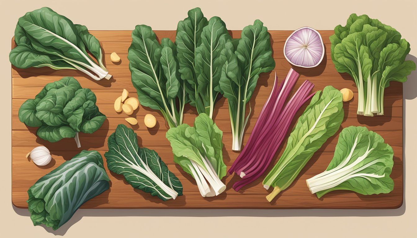 A colorful array of Swiss chard, along with other iron-rich foods, arranged on a wooden cutting board