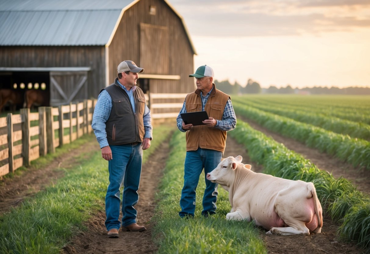 A local farmer stands next to a half of a beef, surrounded by fields and a barn, as they discuss purchasing options with a customer