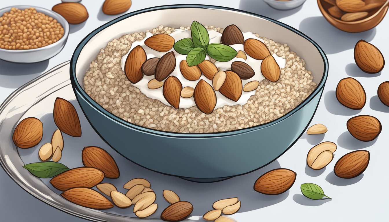 A bowl of almonds surrounded by other high-protein foods like chicken breast, Greek yogurt, and quinoa