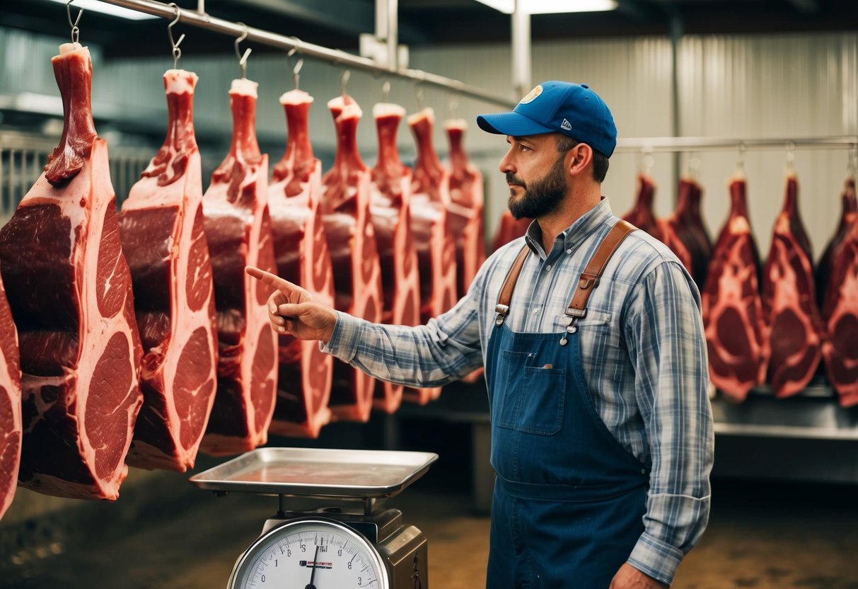 A local farmer stands next to a scale, surrounded by hanging cuts of beef. A customer points to a side of beef, indicating their choice