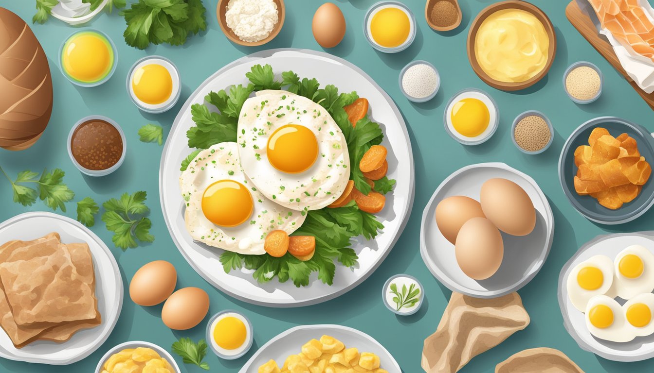 A variety of high protein foods, including eggs, arranged on a table