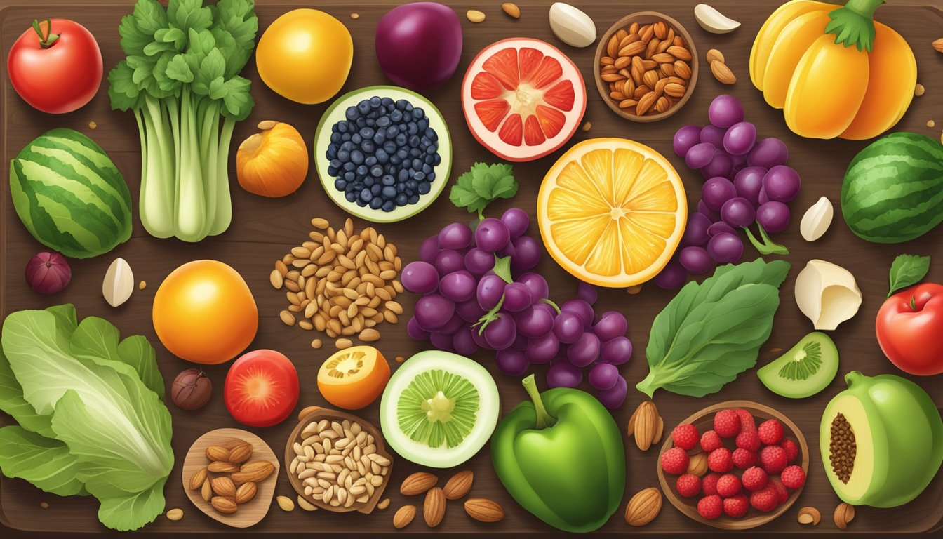 A colorful array of fruits, vegetables, and legumes arranged on a wooden cutting board, with a variety of nuts and seeds scattered around them