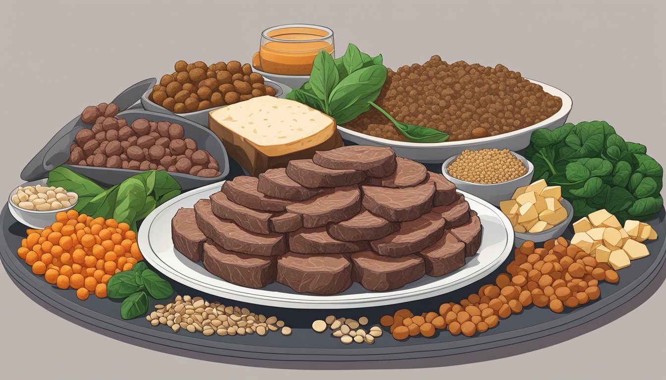 A plate of beef liver surrounded by 14 other iron-rich foods, such as spinach, lentils, and tofu, arranged in a visually appealing display