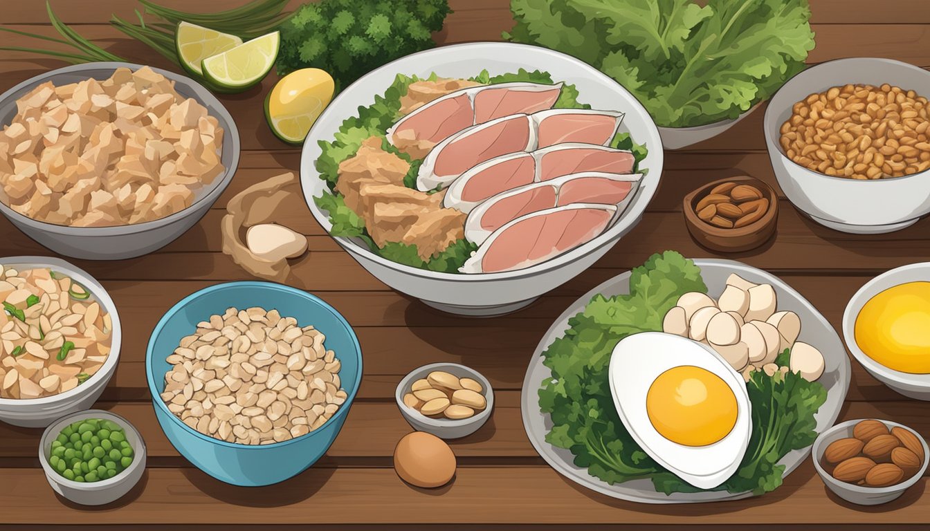 A bowl of tuna surrounded by other high protein foods, such as eggs, chicken, and nuts, displayed on a wooden table