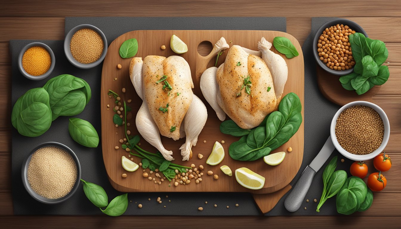 A chicken breast surrounded by a variety of iron-rich foods such as spinach, lentils, and quinoa on a wooden cutting board