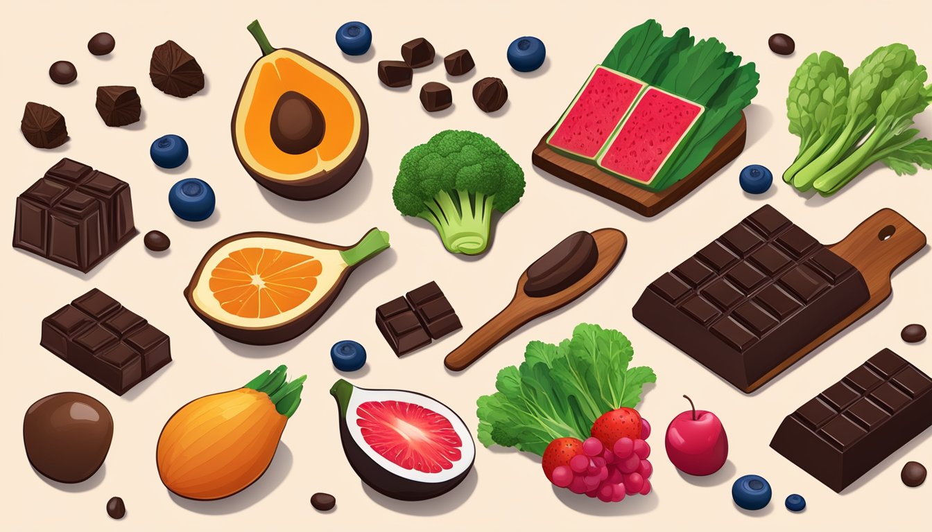 A variety of iron-rich foods, including dark chocolate, surrounded by vibrant fruits and vegetables on a wooden table