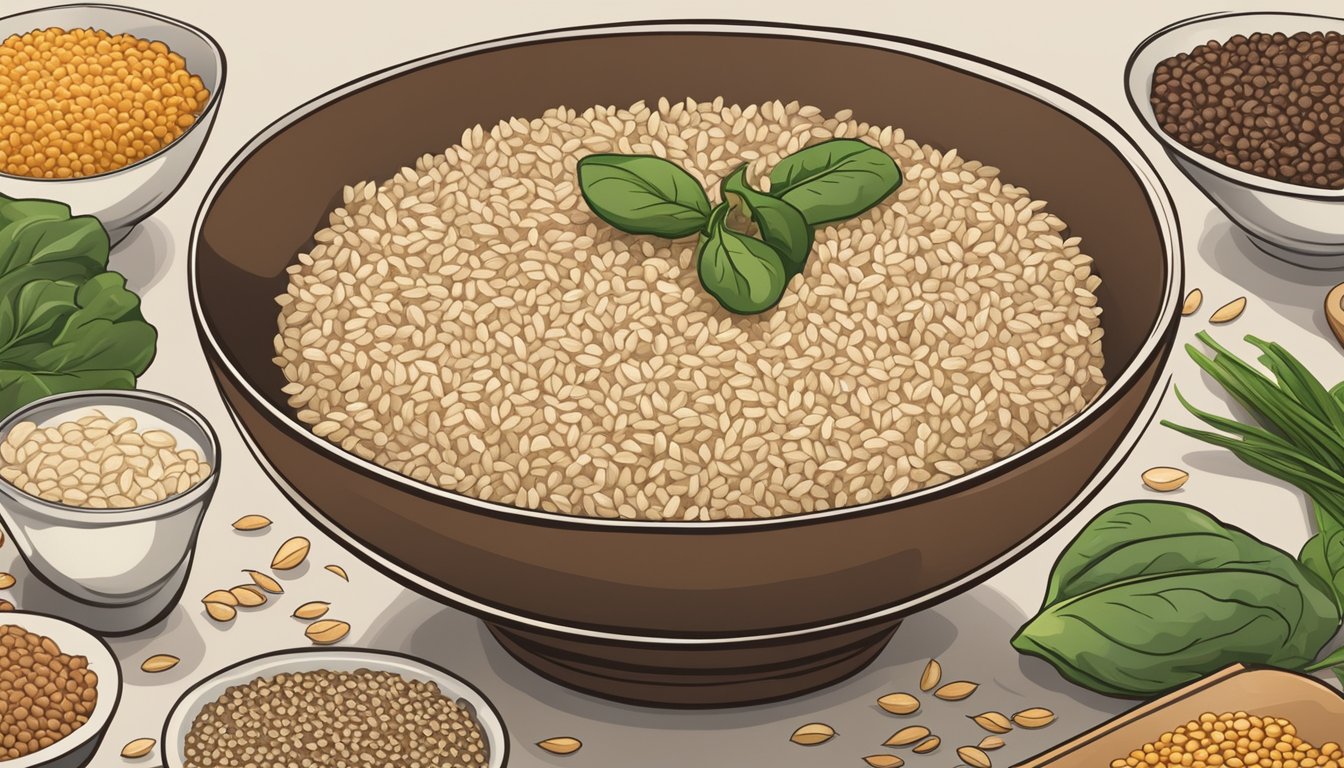 A bowl of brown rice surrounded by 14 other iron-rich foods like spinach, lentils, and quinoa