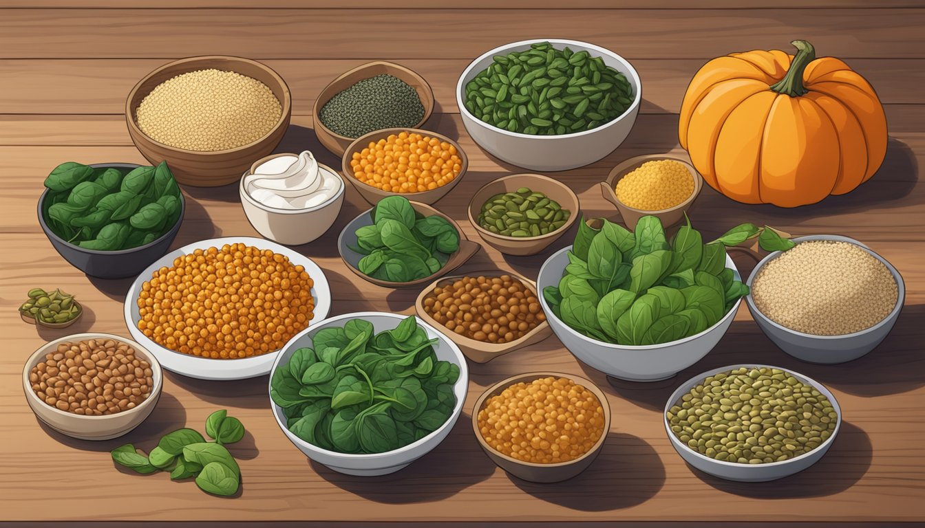 A colorful array of 15 iron-rich foods arranged on a wooden table, including spinach, lentils, quinoa, tofu, and pumpkin seeds