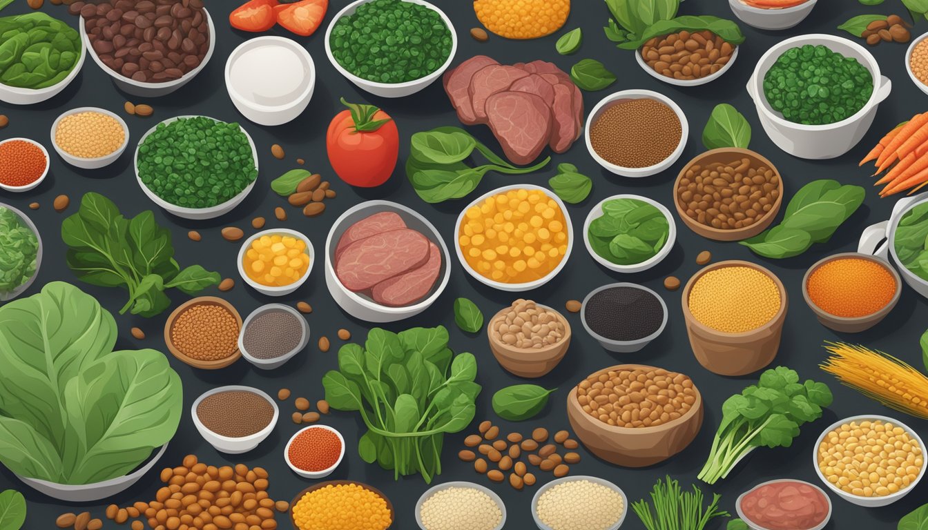 A colorful array of iron-rich foods, such as spinach, lentils, and red meat, arranged in a visually appealing manner