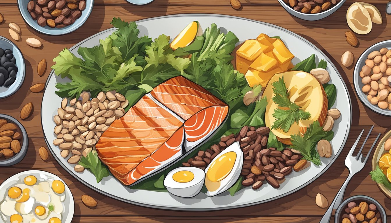 A plate of grilled salmon surrounded by a variety of high-protein foods, such as eggs, nuts, and beans, arranged on a wooden table