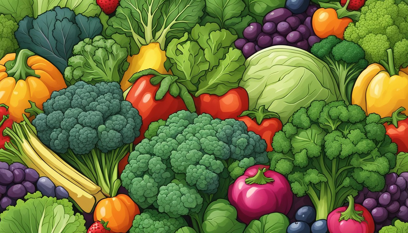 A vibrant assortment of kale, spinach, broccoli, and other leafy greens arranged in a bountiful display, surrounded by an array of colorful fruits and vegetables