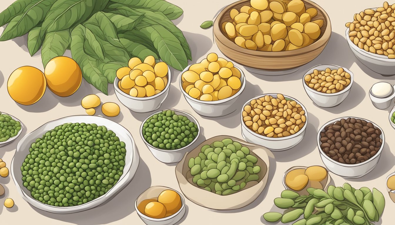 A table with a variety of foods, including soybeans, surrounded by other high estrogen foods, with a focus on balance and harmony