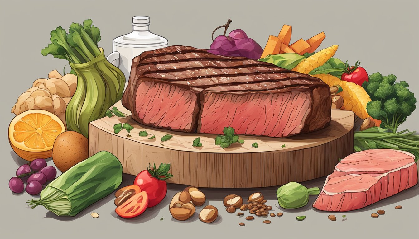 A juicy steak surrounded by various high-protein foods