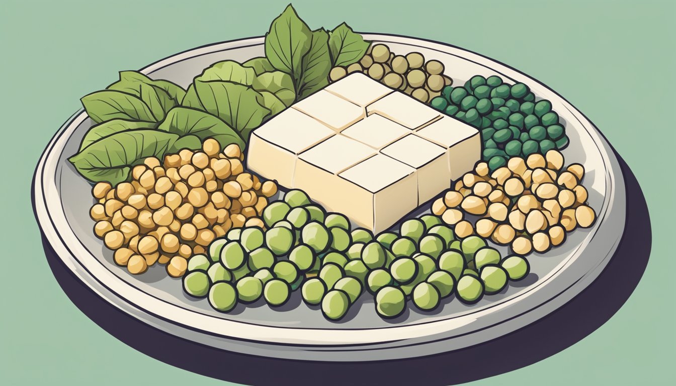 A plate with tofu surrounded by high estrogen foods like soybeans, flaxseeds, and chickpeas, emphasizing hormonal balance