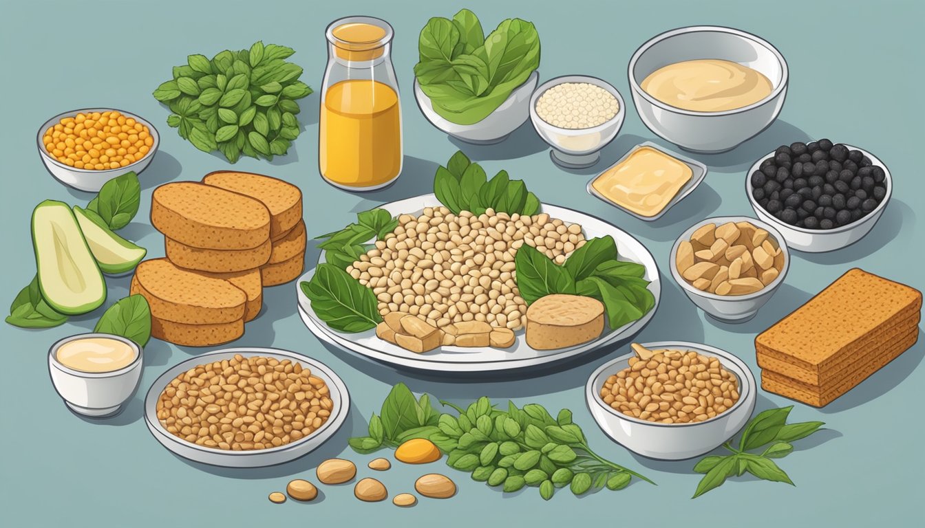 A plate of tempeh surrounded by 7 other high estrogen foods, such as soy products and flaxseeds, arranged in a circle