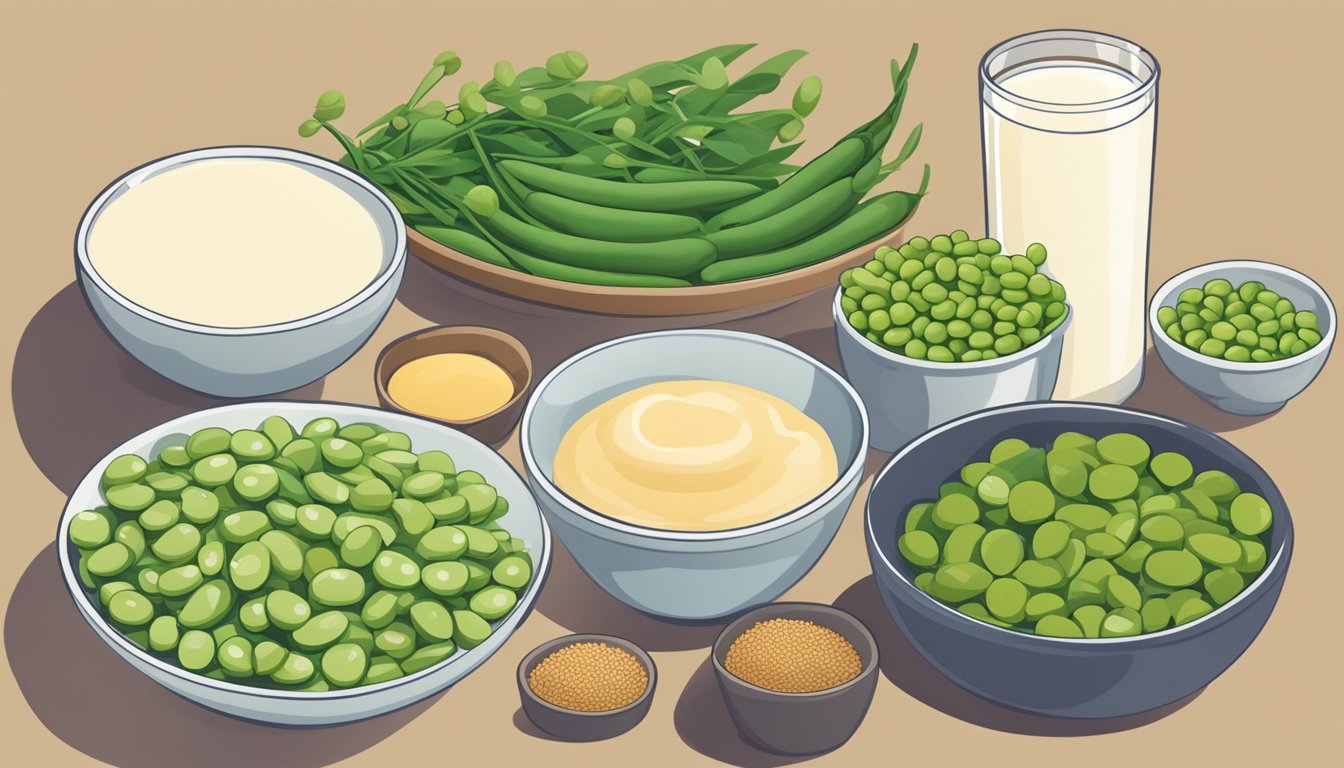 A table with a plate of edamame surrounded by 7 other high estrogen foods like tofu, flaxseeds, and soy milk