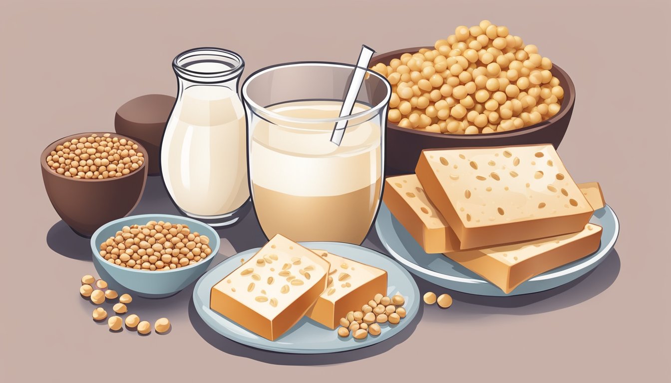 A glass of soy milk surrounded by estrogen-rich foods like tofu, flaxseeds, and chickpeas, with a cautionary red X over them