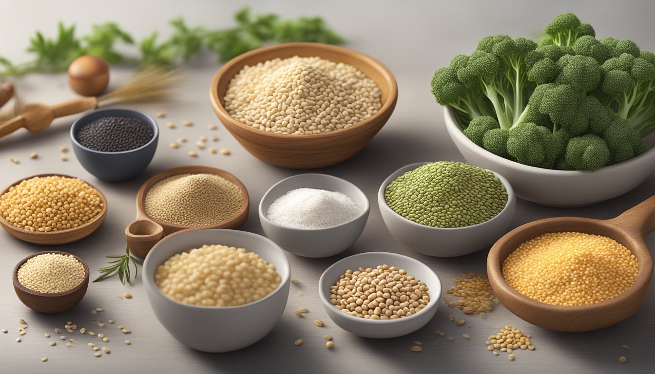 A variety of high-estrogen foods, including sesame seeds, arranged on a table with a focus on natural and organic elements