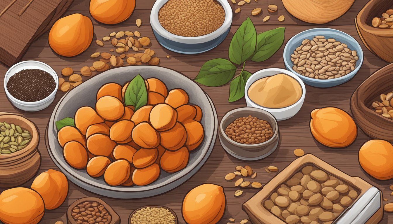 A pile of dried apricots surrounded by other high estrogen foods, such as soy products and flaxseeds, on a wooden table