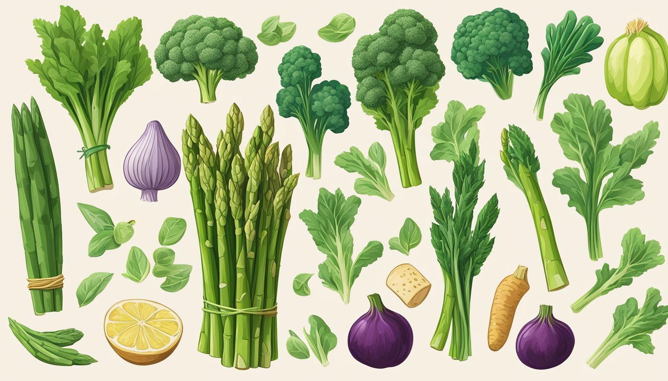 A vibrant bunch of asparagus surrounded by other nutrient-dense foods, with a focus on vitamin K-rich options like spinach, kale, and broccoli