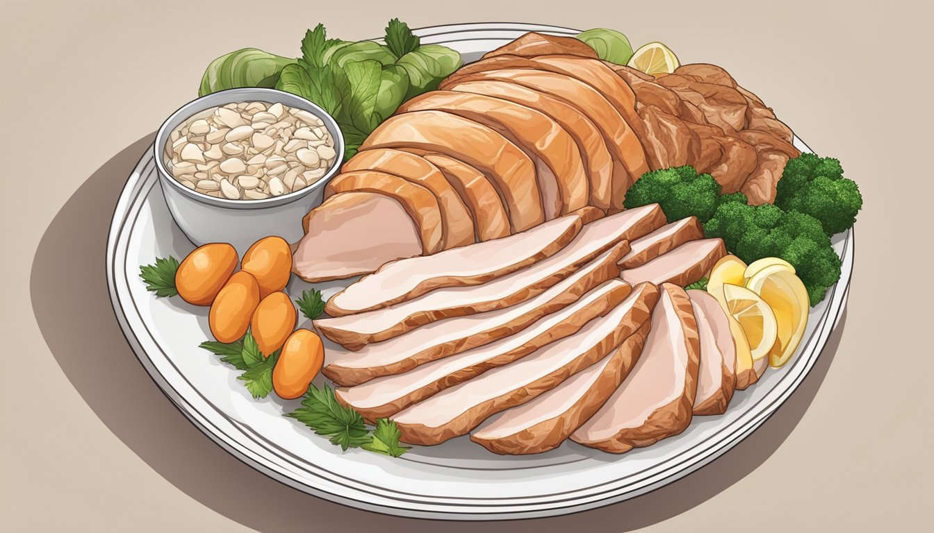 A plate with a portion of sliced turkey breast surrounded by various other high protein, low fat foods for a balanced diet