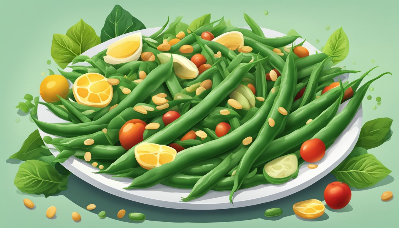 A colorful pile of green beans surrounded by vibrant leafy greens and a variety of other nutrient-rich foods