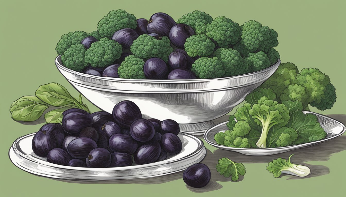 A bountiful display of nutrient-dense foods such as prunes, spinach, and broccoli, arranged in a colorful and appealing manner