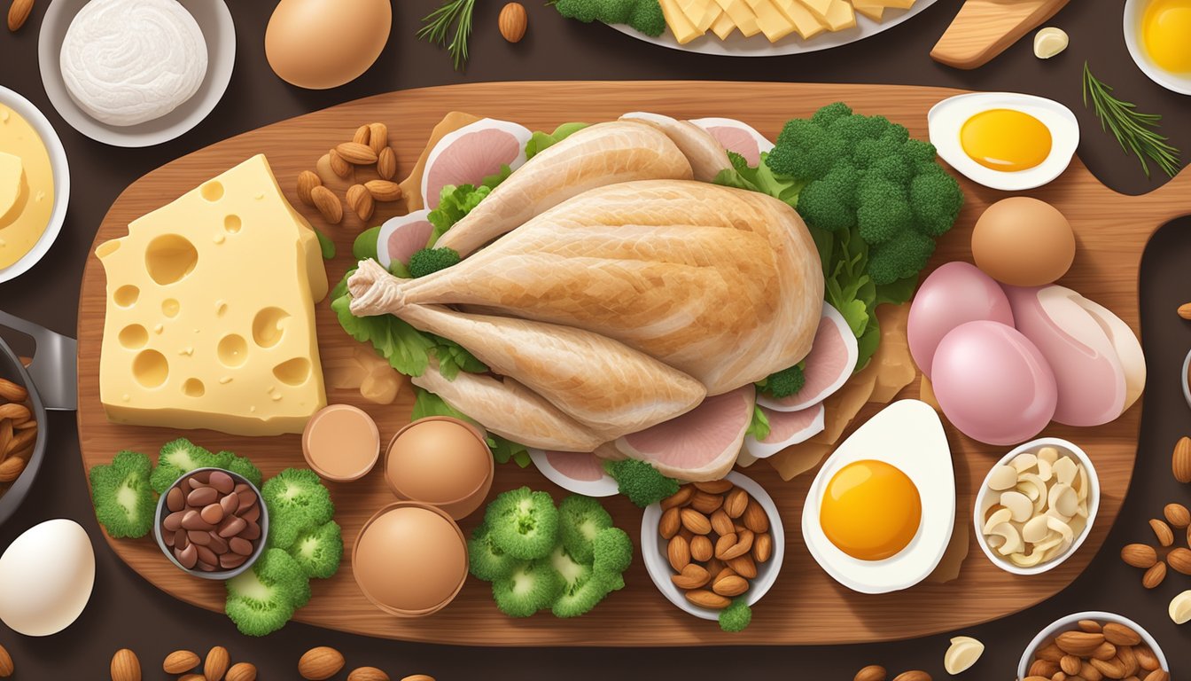 A platter of turkey breast surrounded by other protein-rich foods, such as eggs, cheese, and nuts, arranged on a wooden cutting board