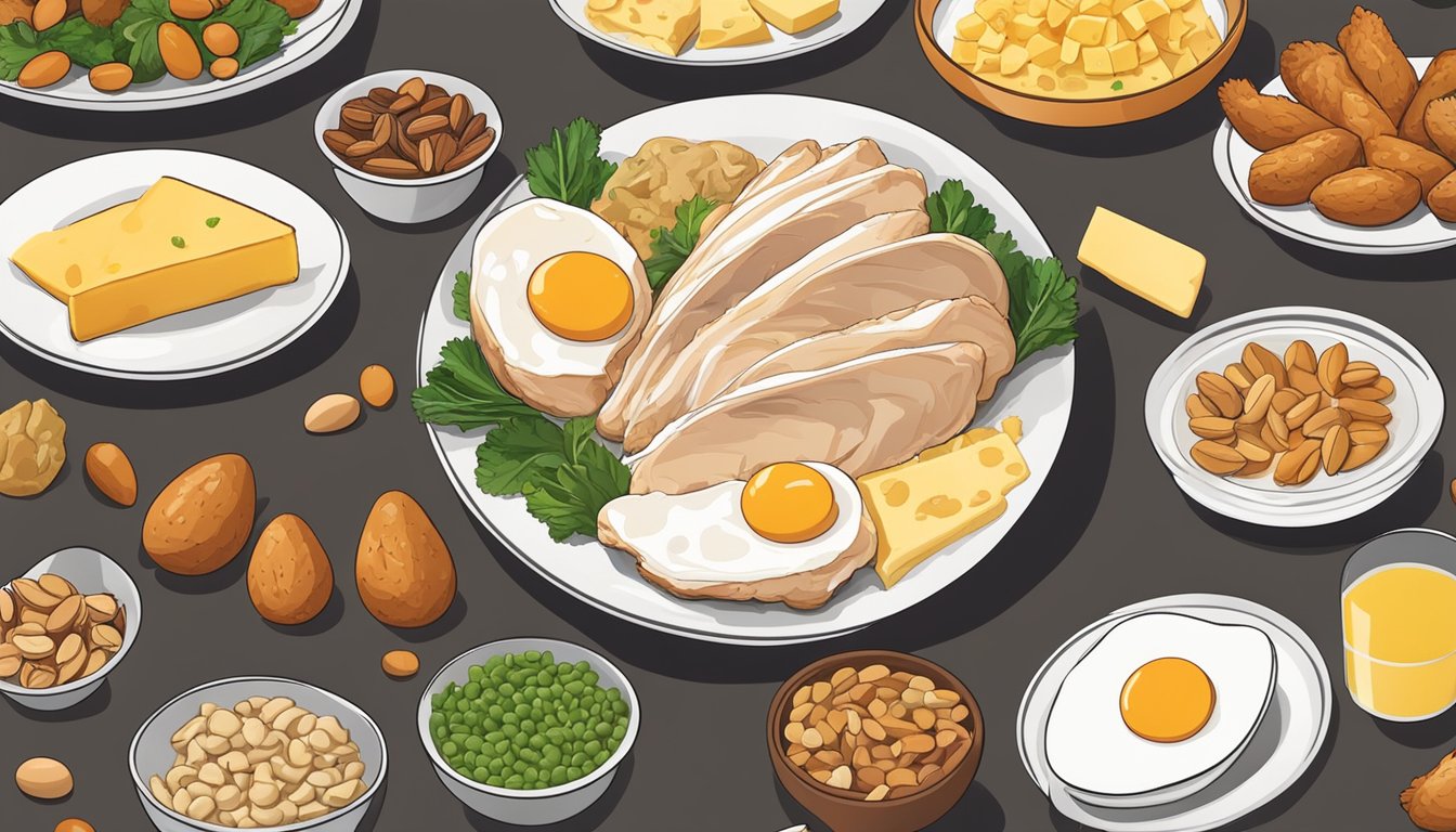 A plate with chicken breast, surrounded by protein-rich foods like eggs, cheese, and nuts, all high in tryptophan