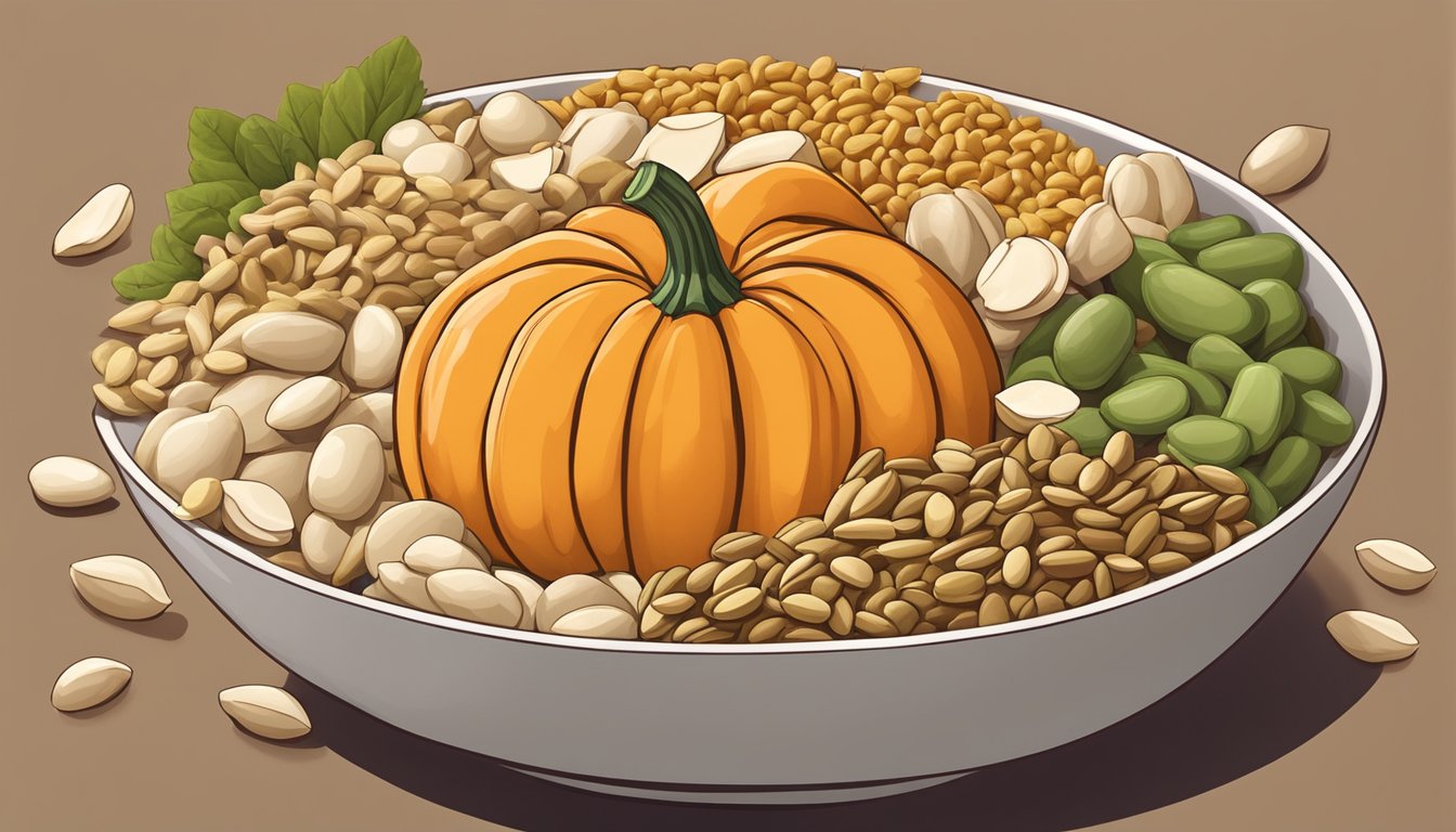 A bowl of pumpkin seeds surrounded by other protein-rich foods like chicken, turkey, and tofu