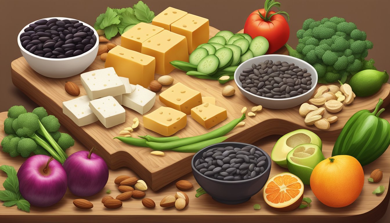 A colorful array of tofu, beans, and nuts on a wooden cutting board, surrounded by vibrant fruits and vegetables