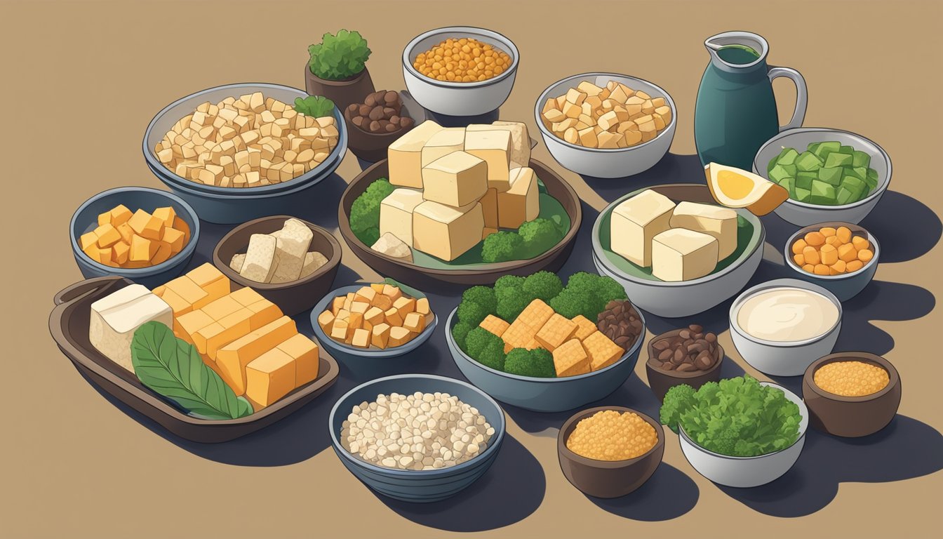 A table with a variety of protein-rich foods, including tofu, arranged in an appealing display