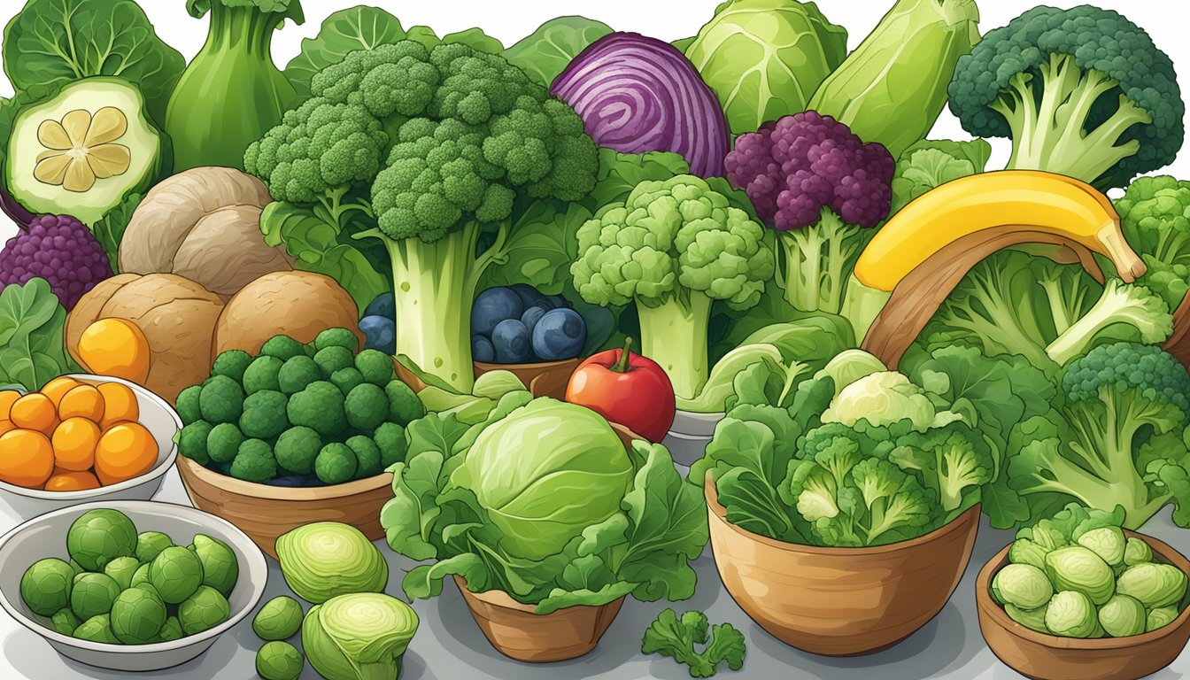 A colorful array of nutrient-dense foods rich in vitamin K, including leafy greens, broccoli, and Brussels sprouts, arranged in a visually appealing display