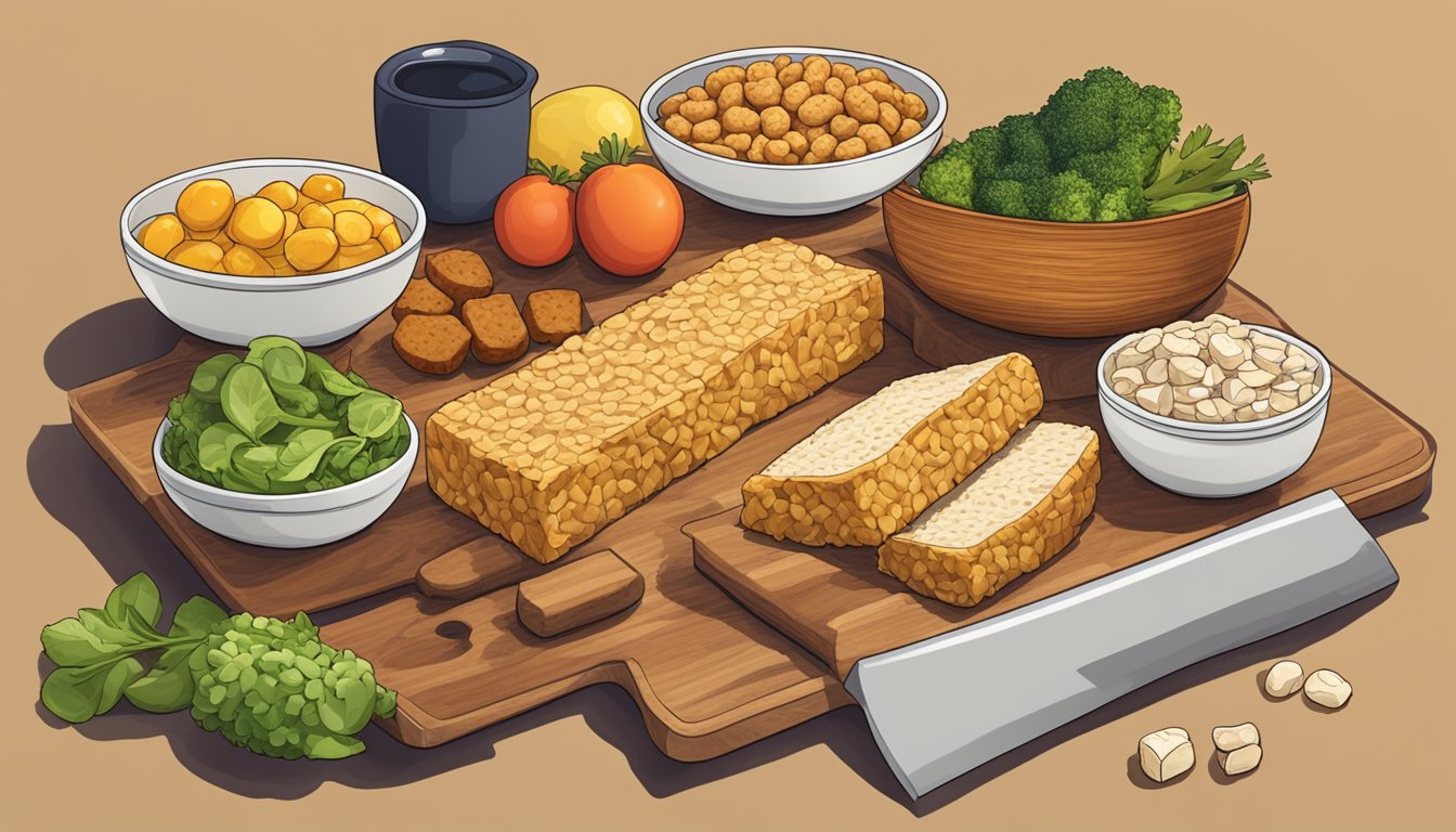 A colorful array of tempeh, along with other high-protein, low-fat foods, arranged on a wooden cutting board