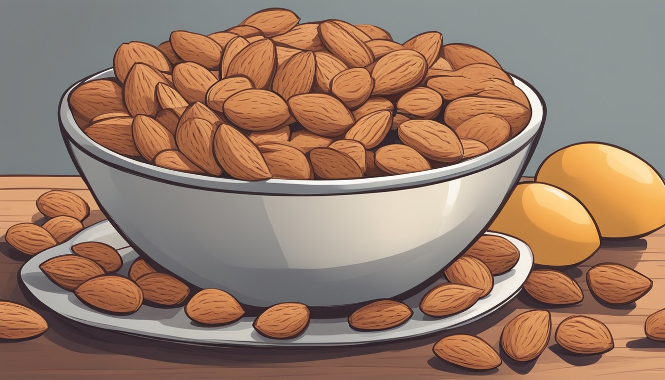 A bowl filled with almonds, alongside other protein-rich foods like eggs, turkey, and cheese