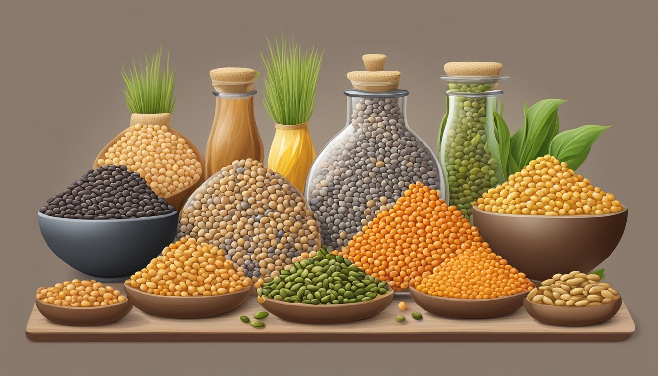 A colorful array of lentils, beans, and grains arranged in a balanced diet composition