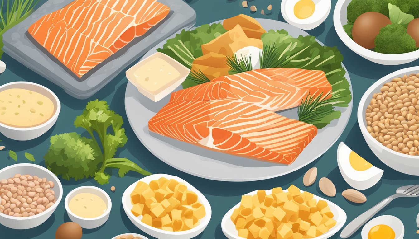 A plate with a cooked salmon fillet surrounded by 7 other protein-rich foods high in tryptophan, such as turkey, chicken, eggs, cheese, nuts, seeds, and tofu