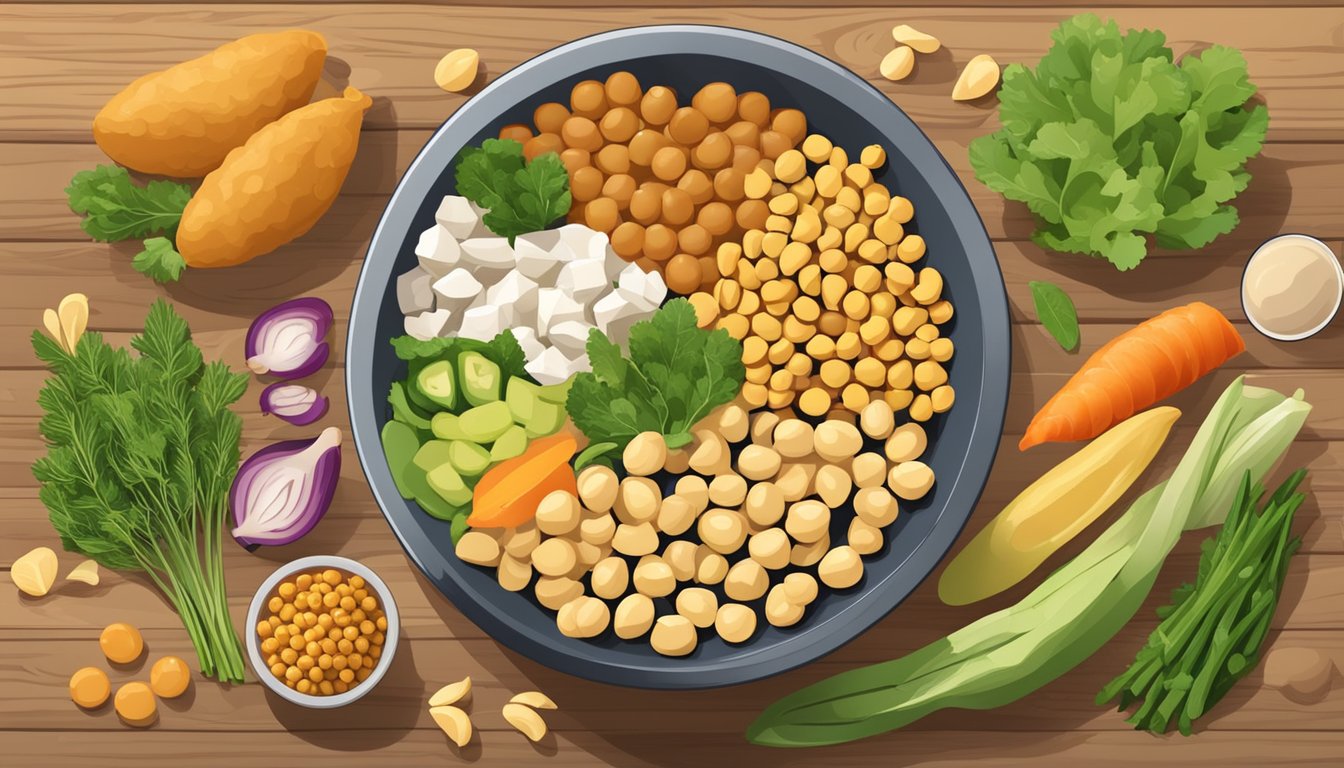 A bowl of chickpeas surrounded by various high-protein, low-fat foods on a wooden table