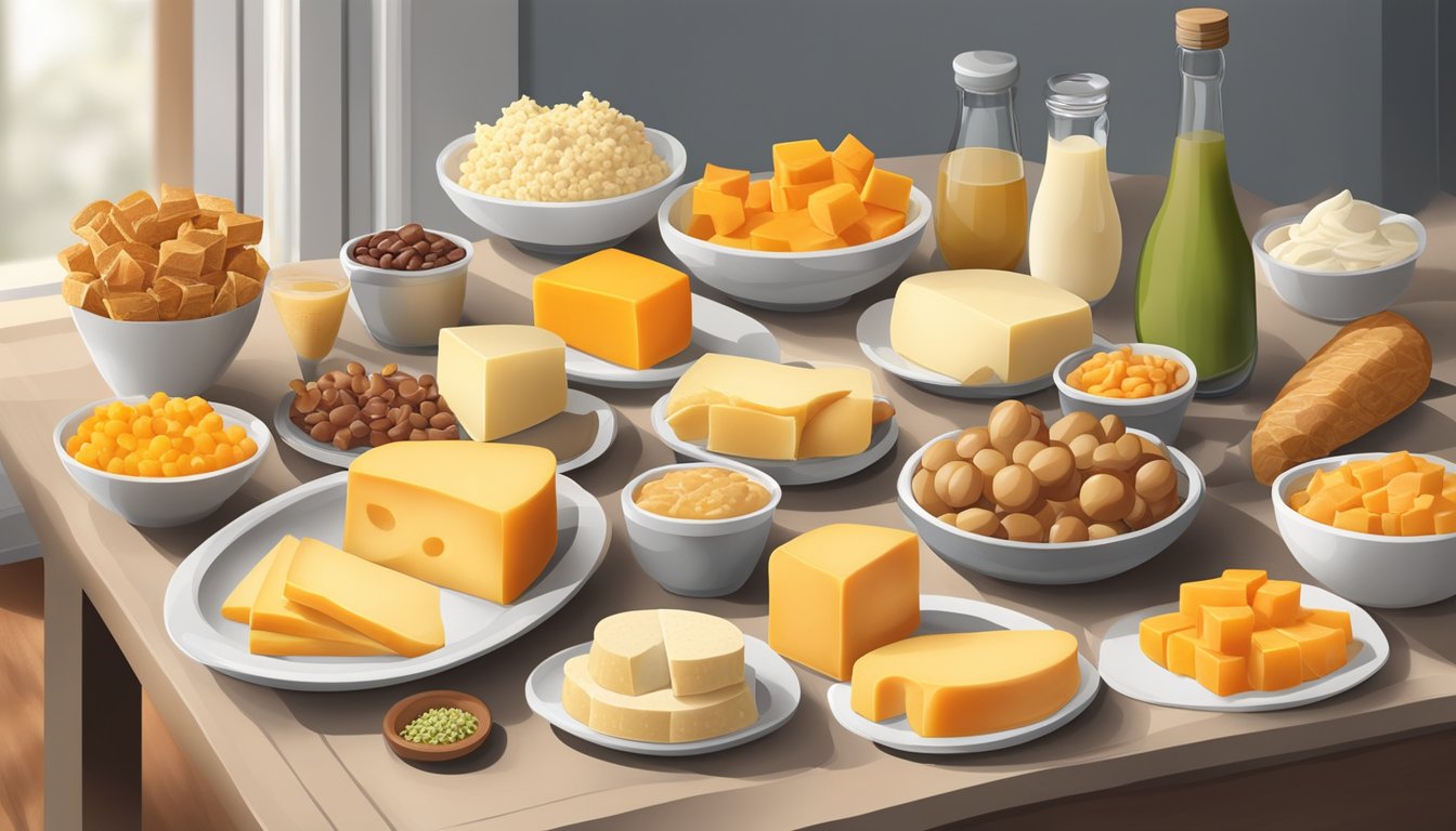 A table with a variety of protein-rich foods, including cheddar cheese, arranged in an appealing display