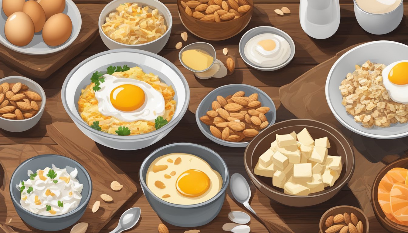 A bowl of eggs surrounded by almonds, turkey, chicken, tofu, cheese, yogurt, and salmon on a wooden table