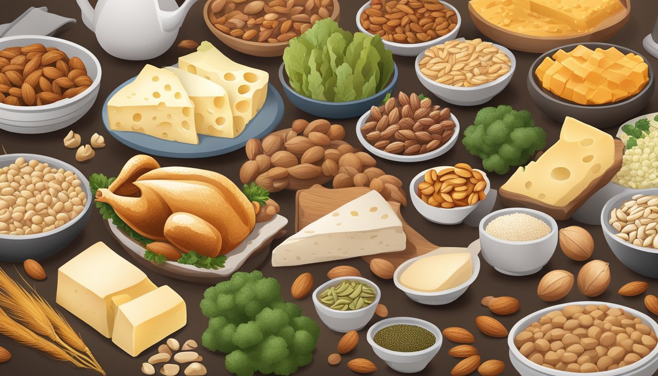 A table laden with a variety of protein-rich foods such as turkey, chicken, nuts, seeds, and cheese, all high in tryptophan