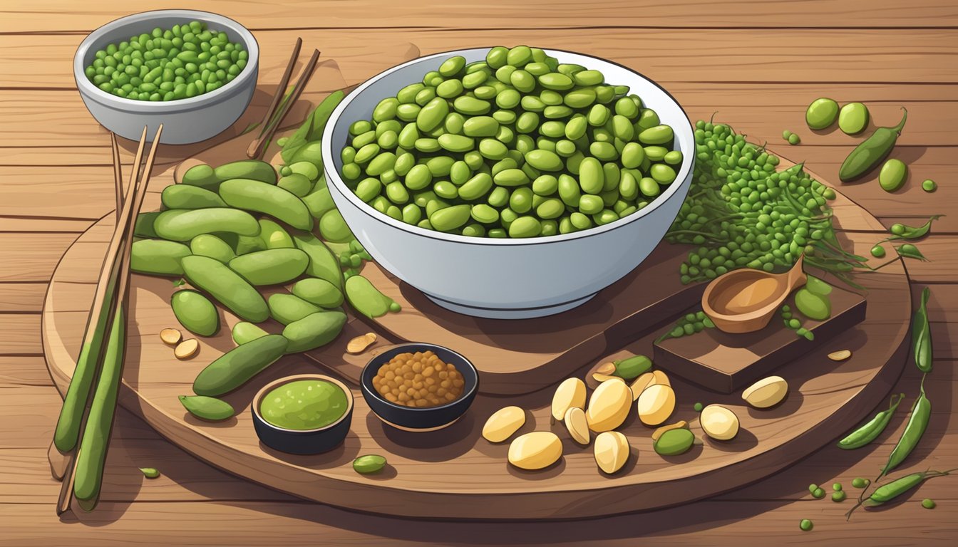 A bowl of edamame surrounded by other high protein, low fat foods on a wooden table