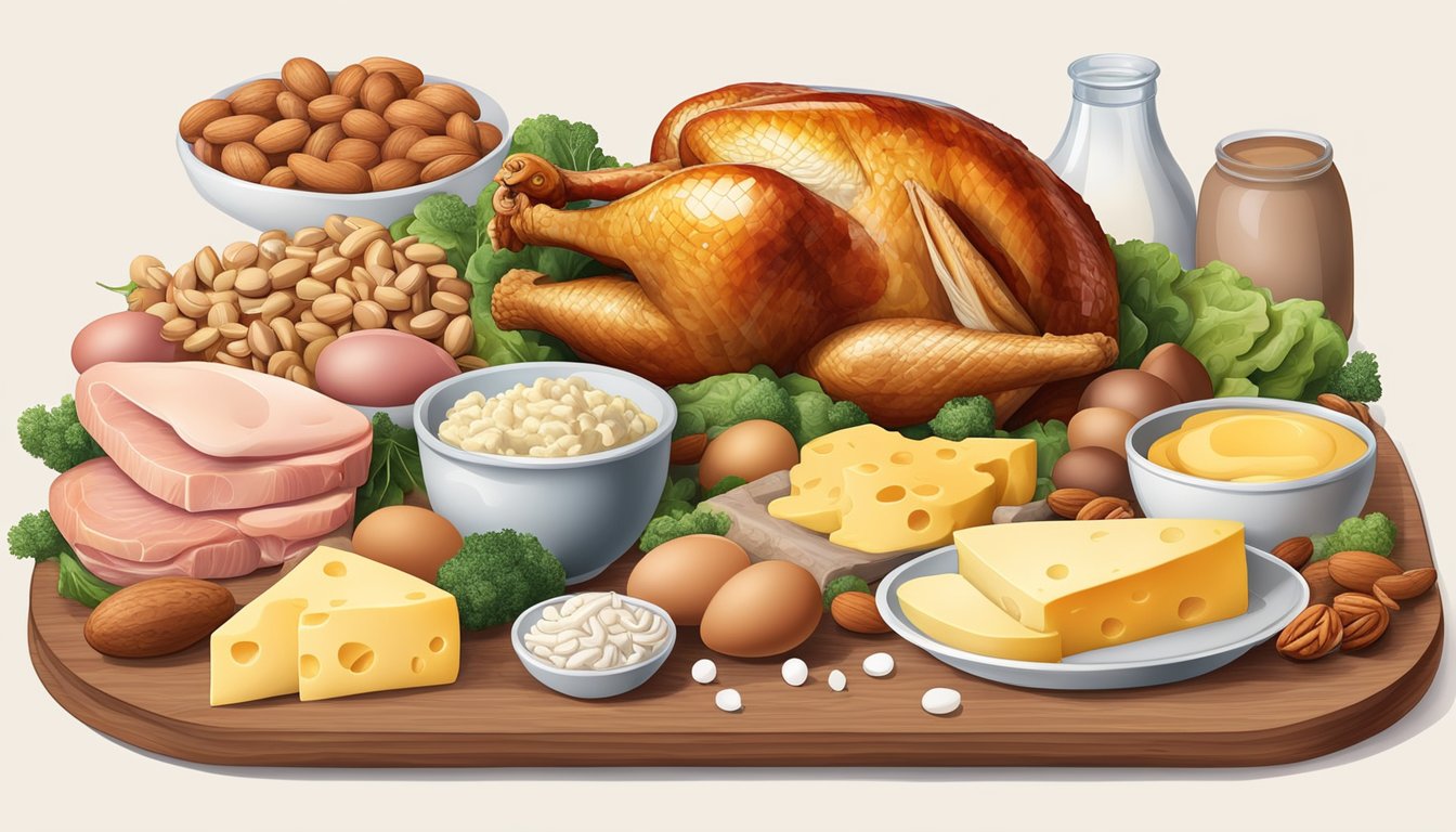 A table with an assortment of protein-rich foods like turkey, chicken, eggs, nuts, and cheese, surrounded by digestive organs like the stomach and intestines