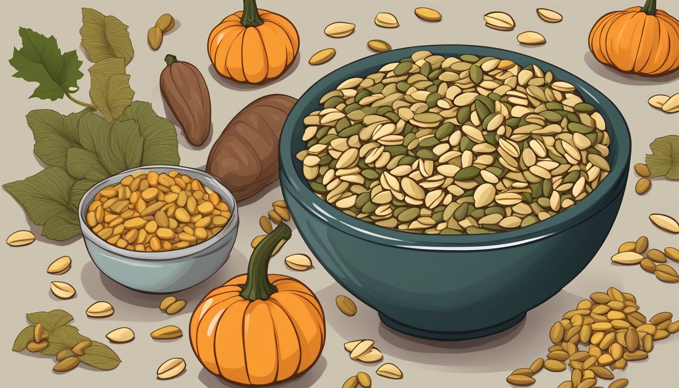 A bowl overflowing with pumpkin seeds, surrounded by a variety of high protein, low fat foods for a balanced diet