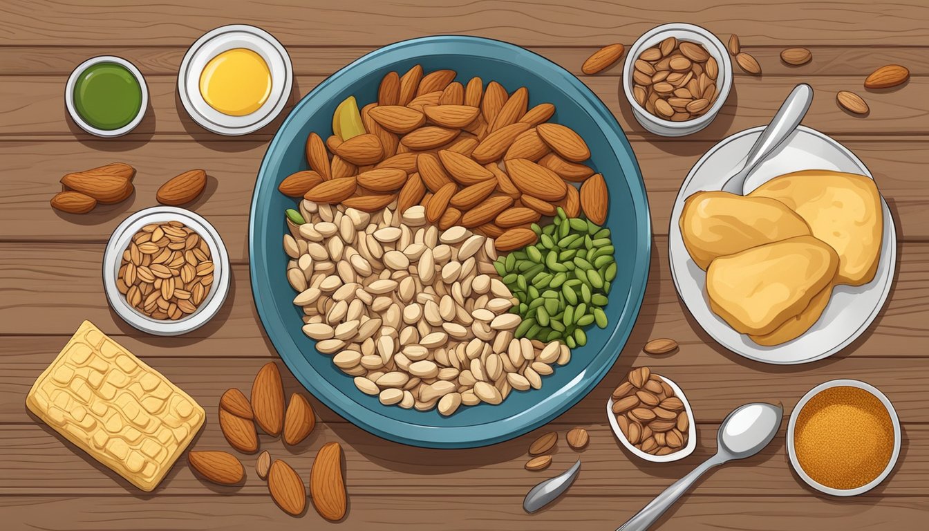 A bowl filled with almonds, surrounded by various high protein, low fat foods, such as chicken, fish, and beans, on a wooden table