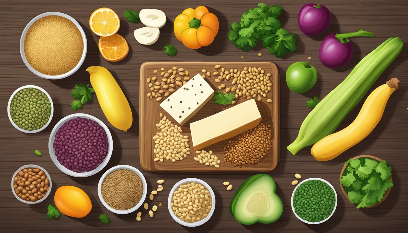 A colorful array of peanuts, lentils, quinoa, and tofu arranged on a wooden cutting board, surrounded by fresh vegetables and fruits